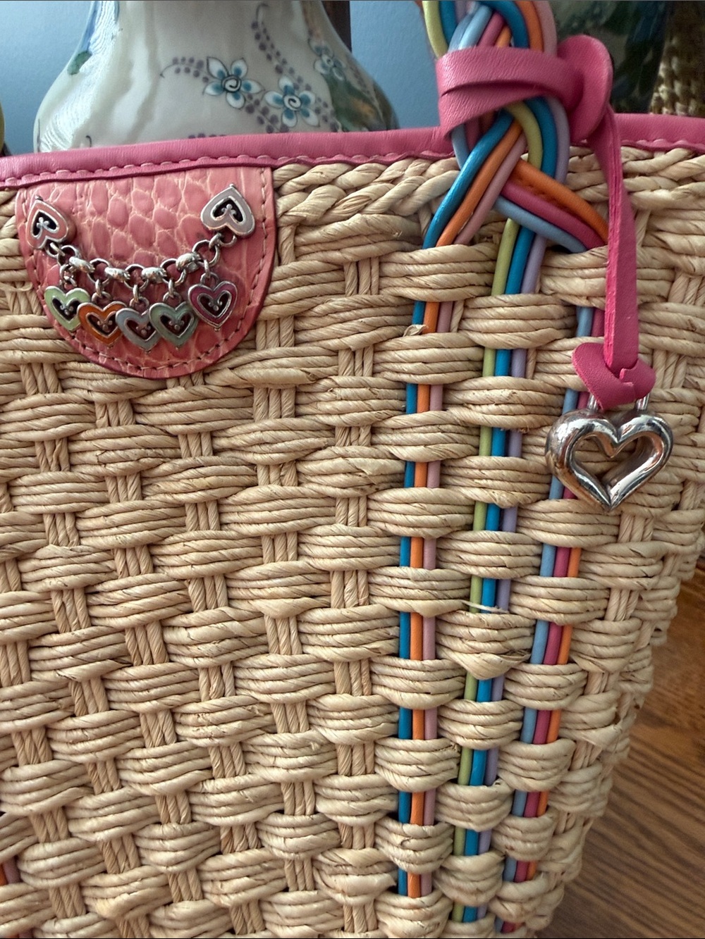 Vintage Brighton Woven Straw Tote with Pink Trim and Multicolor Braided Handles - Picture 4 of 5